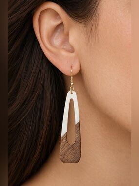 White and Brown Resin-Wood Drop Earrings